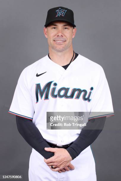 Manager Skip Schumaker of the Miami Marlins poses for a photo during the Miami Marlins Photo Day at Roger Dean Chevrolet Stadium on Wednesday,...