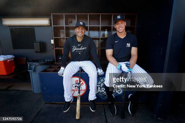 Gleyber Torres and Aaron Judge of the New York Yankees pose for a photo before a spring training game against the Atlanta Braves at George M....