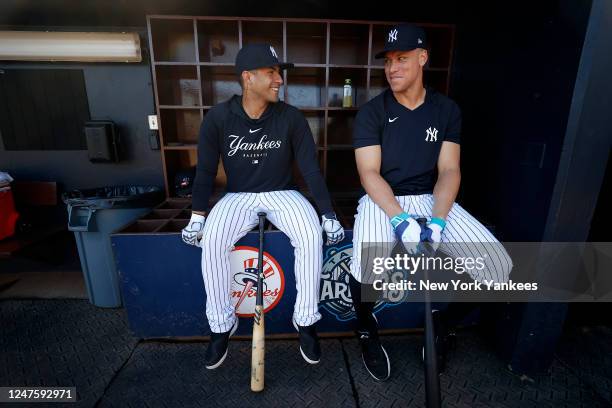 Gleyber Torres and Aaron Judge of the New York Yankees talk before a spring training game against the Atlanta Braves at George M. Steinbrenner Field...