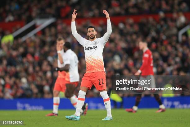 Said Benrahma of West Ham celebrates their first goal during the Emirates FA Cup Fifth Round match between Manchester United and West Ham United at...