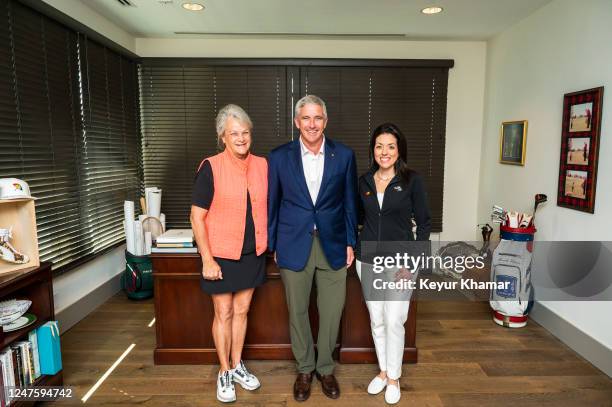 Amy Saunders, Chairperson of Arnold Palmer Group, Jay Monahan, Commissioner of the PGA TOUR and Linda Kirkpatrick, president of Mastercard North...