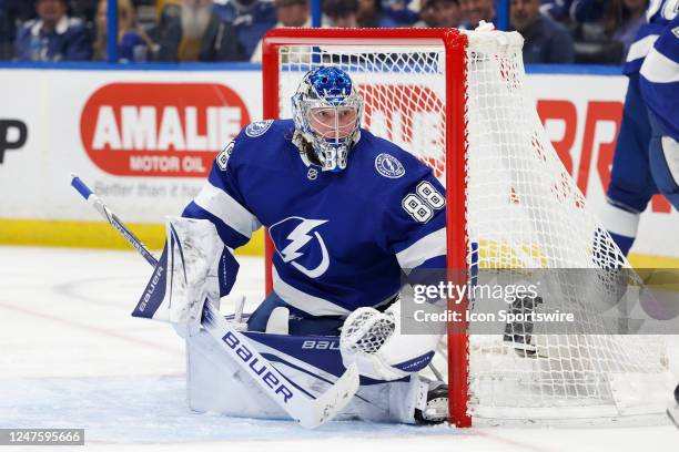 Tampa Bay Lightning goaltender Andrei Vasilevskiy protects the goal during an NHL game against the Buffalo Sabres on February 23, 2023 at Amalie...