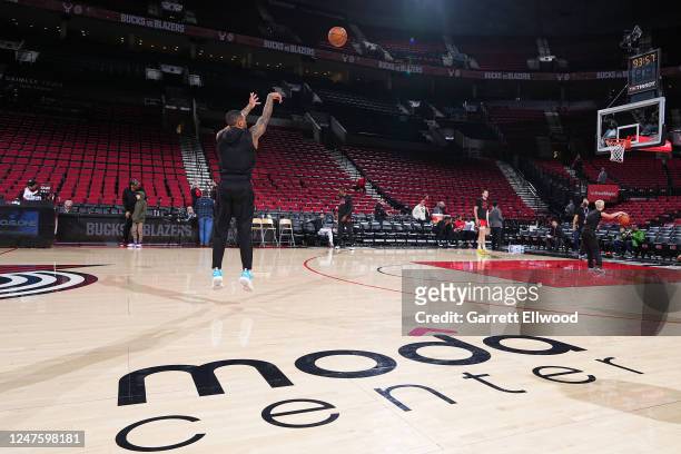 Damian Lillard of the Portland Trail Blazers warms up against the Milwaukee Bucks on February 6, 2023 at the Moda Center Arena in Portland, Oregon....