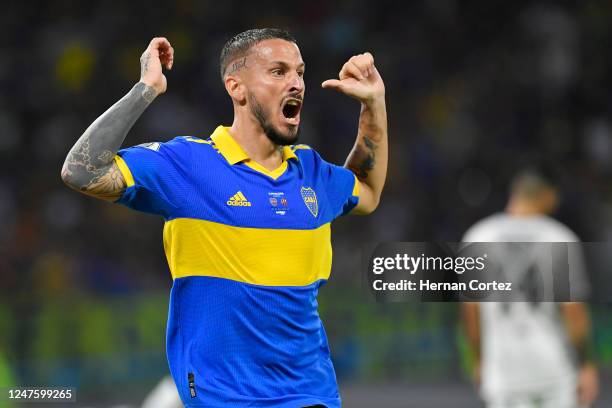 Darío Benedetto of Boca Juniors celebrates after scoring the first goal of his team during the final match of the Supercopa Argentina 2022 between...