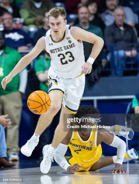 Dane Goodwin of the Notre Dame Fighting Irish and Blake Hinson of the Pittsburgh Panthers chase down the loose ball during the first half at Joyce...