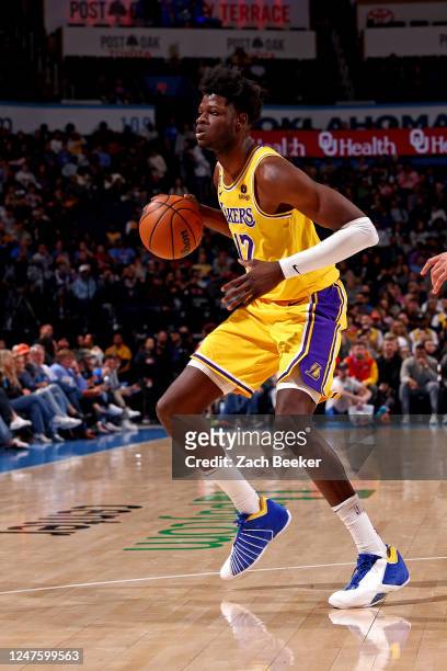 Mo Bamba of the Los Angeles Lakers handles the ball during the game against the Oklahoma City Thunder on March 1, 2023 at Paycom Arena in Oklahoma...