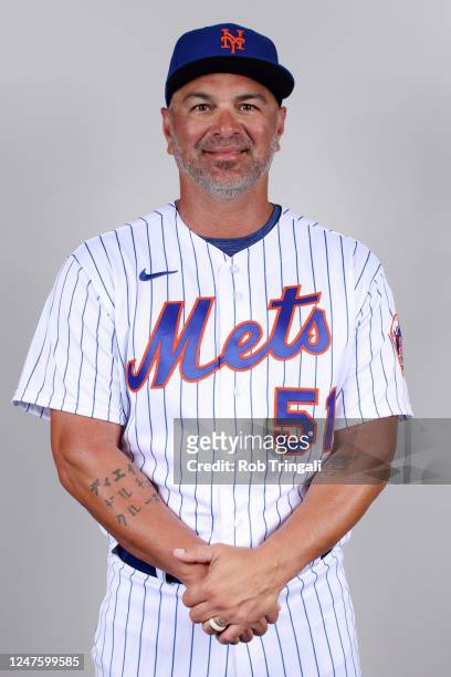 Bench Coach Eric Chavez of the New York Mets poses for a photo during the New York Mets Photo Day at Clover Park on Thursday, February 23, 2023 in...
