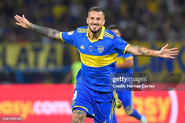 Darío Benedetto of Boca Juniors celebrates after scoring the second goal of his team during the final match of the Supercopa Argentina 2022 between...