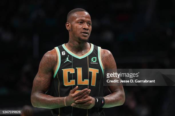 Terry Rozier of the Charlotte Hornets looks on against the Phoenix Suns on March 1, 2023 at Spectrum Center in Charlotte, North Carolina. NOTE TO...