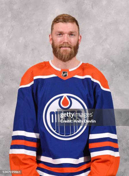 Mattias Ekholm of the Edmonton Oilers poses for his official headshot for the 2022-2023 season on March 1, 2023 at Rogers Place in Edmonton, Alberta,...