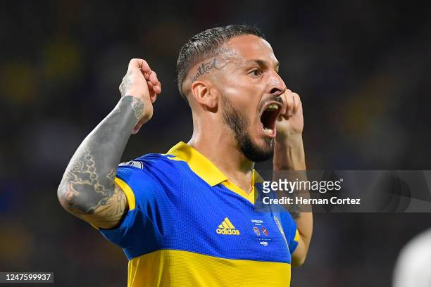 Darío Benedetto of Boca Juniors celebrates after scoring the first goal of his team during the final match of the Supercopa Argentina 2022 between...