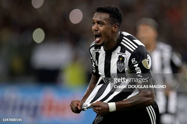 Atletico Mineiro's midfielder Edenilson celebrates after scoring against Carabobo during the second leg Copa Libertadores second stage football match...