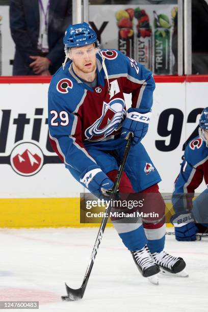 Nathan MacKinnon of the Colorado Avalanche warms up prior to the game against the New Jersey Devils at Ball Arena on March 1, 2023 in Denver,...