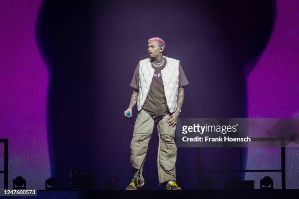 American singer Chris Brown performs live on stage during a concert at the Mercedes-Benz Arena on March 1, 2023 in Berlin, Germany.