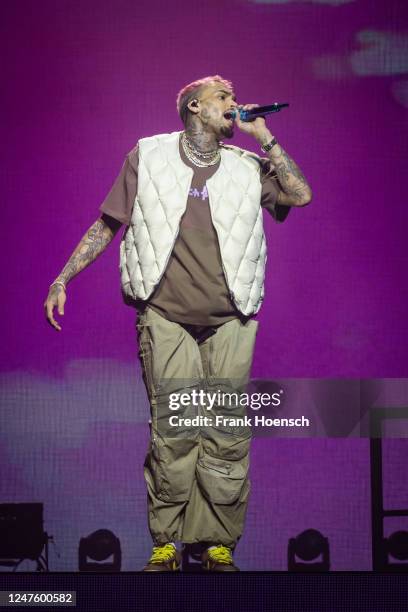 American singer Chris Brown performs live on stage during a concert at the Mercedes-Benz Arena on March 1, 2023 in Berlin, Germany.