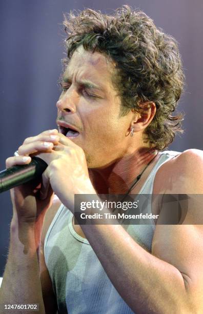 Chris Cornell of Audioslave performs during Lollapalooza 2003 at Shoreline Amphitheatre on August 09, 2003 in Mountain View, California.