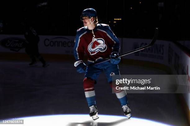 Bowen Byram of the Colorado Avalanche takes to the ice prior to the game against the New Jersey Devils at Ball Arena on March 1, 2023 in Denver,...