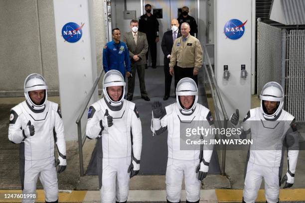Members of the SpaceX Dragon Crew-6 mission, Mission Specialist Andrey Fedyaev of Roscosmos , Pilot Warren "Woody" Hoburg , Commander Stephen Bowen ,...