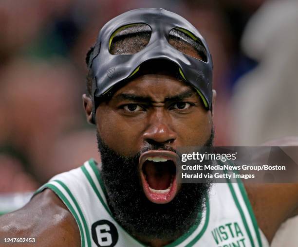 Jaylen Brown of the Boston Celtics screams out from the bench during the second half of the NBA game against the Cleveland Cavaliers at the TD Garden...