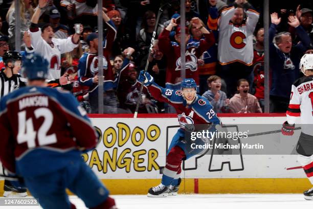 Nathan MacKinnon of the Colorado Avalanche celebrates a goal against the New Jersey Devils at Ball Arena on March 1, 2023 in Denver, Colorado.