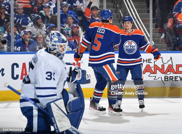 Kailer Yamamoto of the Edmonton Oilers celebrates after his second period goal against the Toronto Maple Leafs with Cody Ceci on March 1, 2023 at...