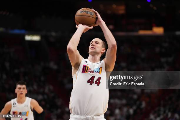 Cody Zeller of the Miami Heat shoots a free throw during the game against the Philadelphia 76ers on March 1, 2023 at Miami-Dade Arena in Miami,...