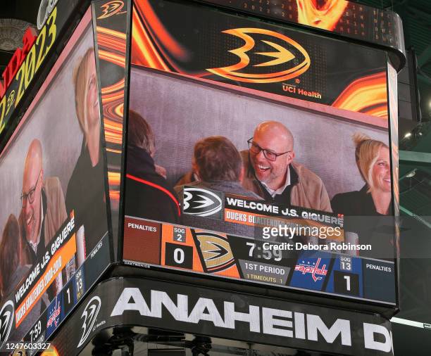 Former Anaheim Ducks J.S. Giguere is seen on the jumbotron during the first period between the Washington Capitals and the Anaheim Ducks at Honda...