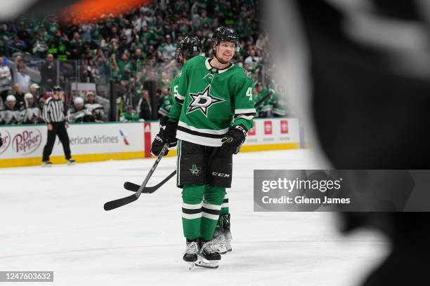 Miro Heiskanen of the Dallas Stars celebrates a goal against the Arizona Coyotes at the American Airlines Center on March 1, 2023 in Dallas, Texas.