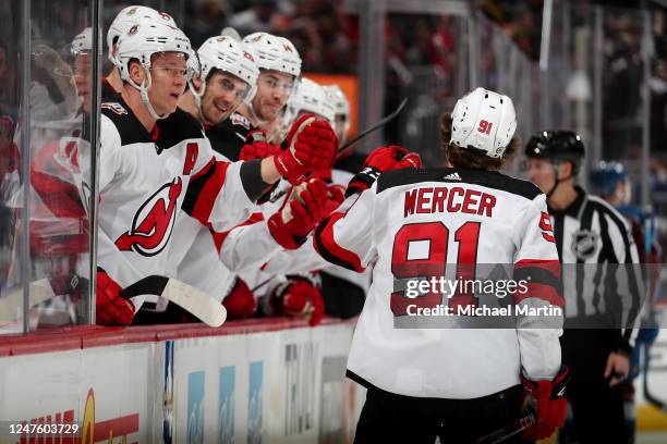 Dawson Mercer of the New Jersey Devils celebrates a goal against the Colorado Avalanche at Ball Arena on March 1, 2022 in Denver, Colorado.