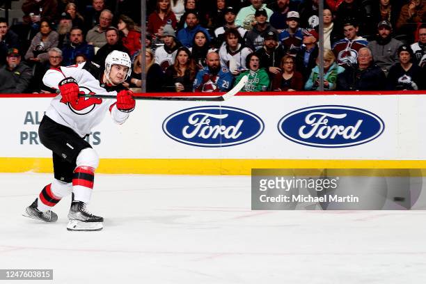 Yegor Sharangovich of the New Jersey Devils shoots against the Colorado Avalanche at Ball Arena on March 1, 2022 in Denver, Colorado.