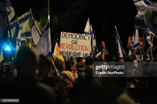 Protesters rally near the prime minister's residence in Jerusalem on March 1, 2023 against the Israeli government's controversial justice reform bill