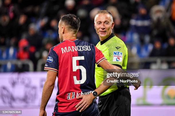 Marco Mancosu of Cagliari Calcio, Paolo Valeri, Arbitro, Referee during the Italian soccer Serie B match Cagliari Calcio vs Genoa CFC on March 01,...