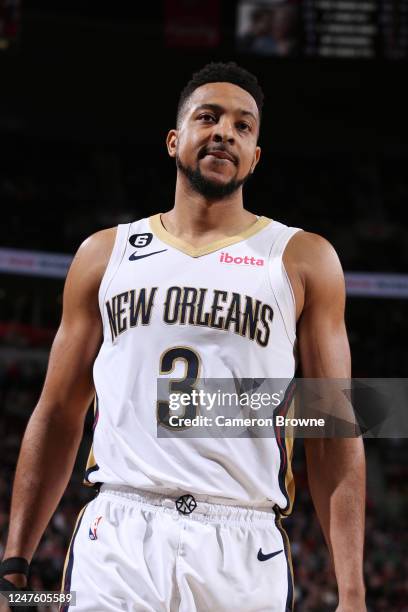 McCollum of the New Orleans Pelicans looks on during the game against the Portland Trail Blazers on March 1, 2023 at the Moda Center Arena in...