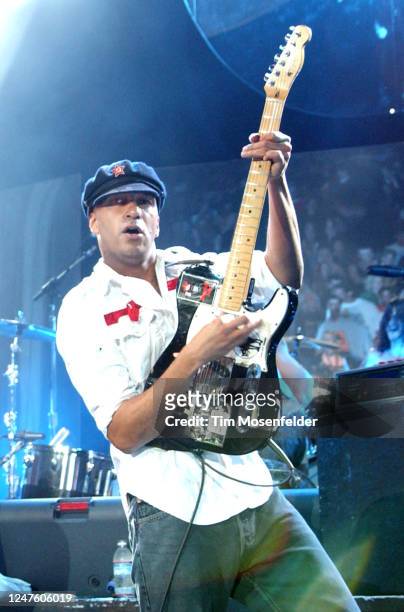Tom Morello of Audioslave performs during Lollapalooza 2003 at Shoreline Amphitheatre on August 09, 2003 in Mountain View, California.
