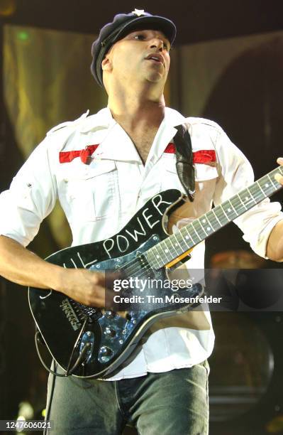 Tom Morello of Audioslave performs during Lollapalooza 2003 at Shoreline Amphitheatre on August 09, 2003 in Mountain View, California.