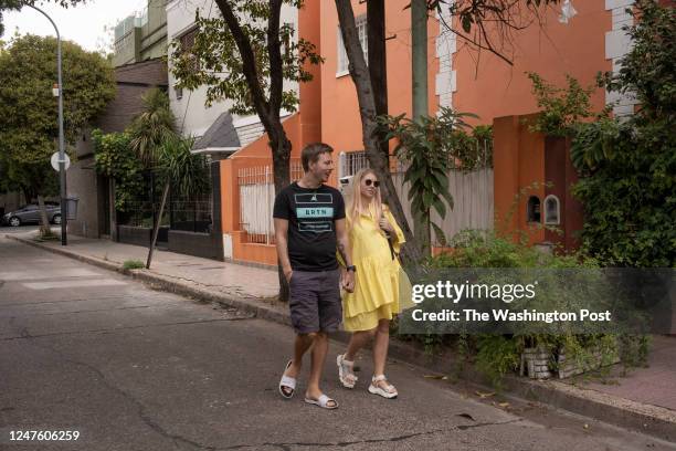 Buenos Aires, Argentina on February 23, 2023Alex Slepenkov, a physics engineer and Natasha Slepenkova, a sociologist walk in their neighborhood.