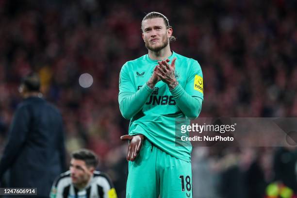 Newcastle United's Loris Karius applauds their fans after the Carabao Cup Final between Manchester United and Newcastle United at Wembley Stadium,...