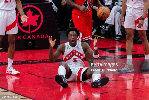 February 28, 2023: OG Anunoby of the Toronto Raptors on a floor after colision during the Toronto Raptors v Chicago Bulls NBA regular season game at...