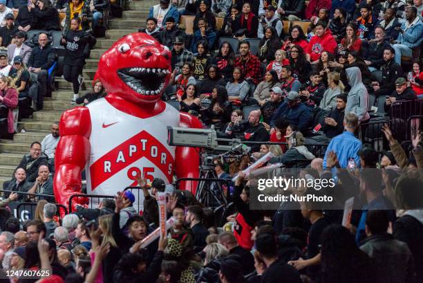 February 28, 2023: Big Raptor mascot during the Toronto Raptors v Chicago Bulls NBA regular season game at Scotiabank Arena in Toronto