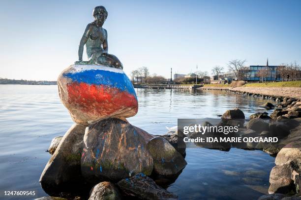 The Little Mermaid sculpture, the emblem of Copenhagen and Denmark, is pictured on March 2, 2023 Copenhagen after it has been vandalised with the...