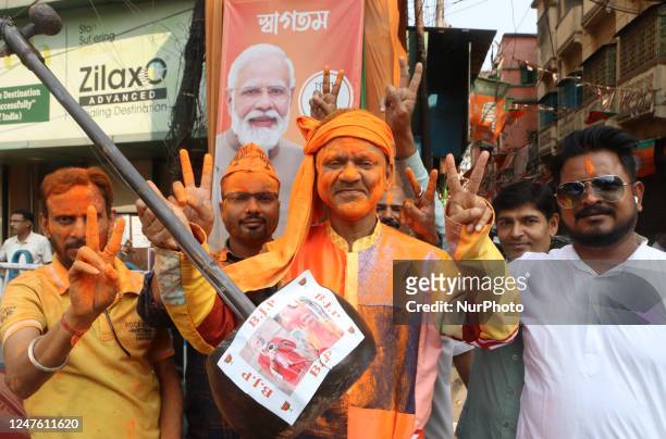 Bjp supports Celebrates infront of Indian Prime Minister Narendra Modi Tripura and Nagaland Assembly elections results in Kolkata, India on March...