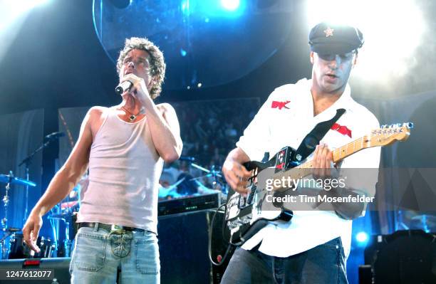 Chris Cornell and Tom Morello of Audioslave perform during Lollapalooza 2003 at Shoreline Amphitheatre on August 09, 2003 in Mountain View,...