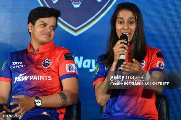 Delhi Capitals' cricket team vice captain Jemimah Rodrigues and her teammate Shafali Verma attend a press conference ahead of the inaugural Women's...