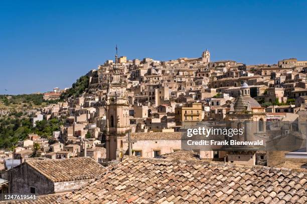 View on the houses of the Late Baroque town of Modica, perched on a hill.