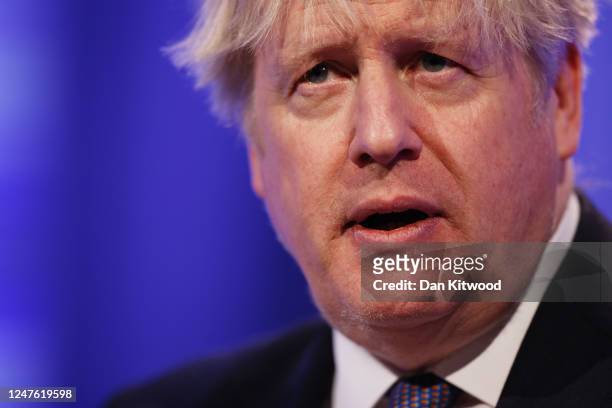 Former UK prime minister Boris Johnson addresses the Global Soft Power Summit at The Queen Elizabeth II Conference Centre on March 2, 2023 in London,...