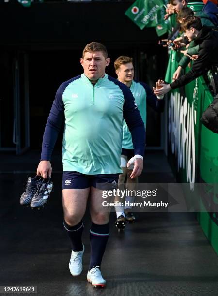 Dublin , Ireland - 2 March 2023; Tadhg Furlong walks out for an Ireland Rugby open training session at the Aviva Stadium in Dublin.