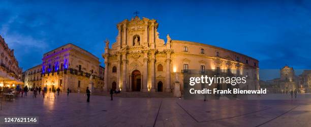 Panoramic view of the square Piazza Duomo and the Cathedral of Syracuse, Duomo di Siracusa in the Late Baroque town, at night.