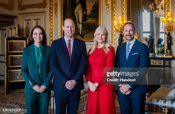 Crown Prince Haakon of Norway and Crown Princess Mette-Marit of Norway visit Catherine, Princess of Wales and Prince William, Prince of Wales at...