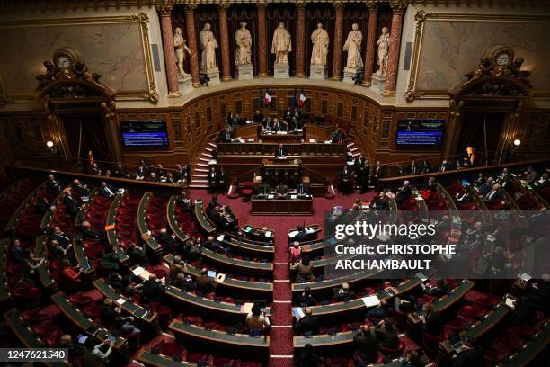 This photograph taken on March 2 shows a general view of the French Senate, during a session to examine the proposed pension reform, in Paris. - The...