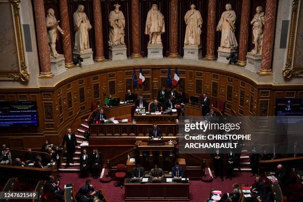 French Labour Minister Olivier Dussopt addresses the French Senate during a session to examine the government's proposed pension reform in Paris on...